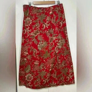 90s Talbots midi wrap classic holiday skirt botanical print scarlet red sz 16W